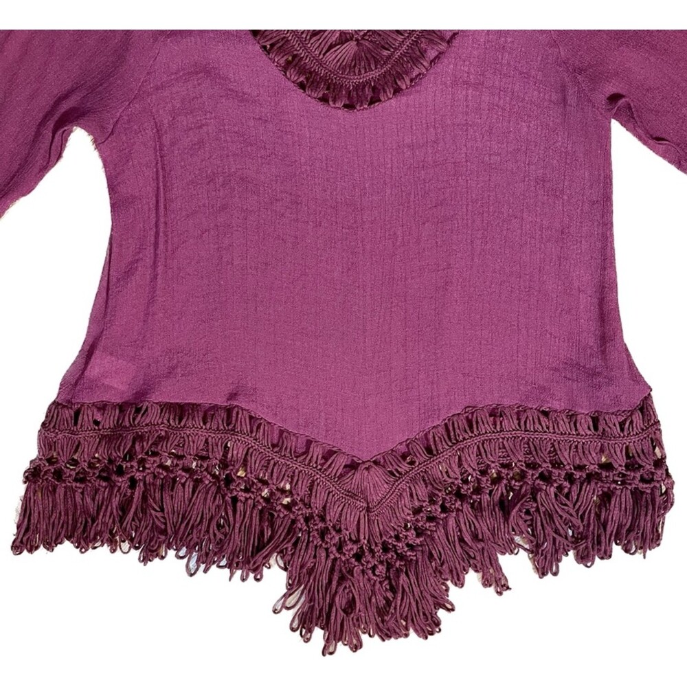 Dressbarn | Burgundy Crochet Trimmed 3/4 Length Sleeve Blouse | Medium - Picture 5 of 9